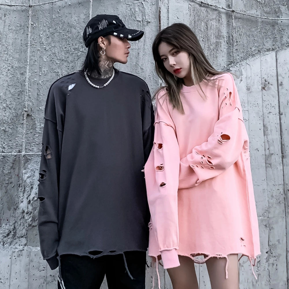 Bright Line Sewing Frayed Ripped Holes Solid Pullovers Sweatshirts for Women Men Distressed Oversized Spring Grunge Clothes