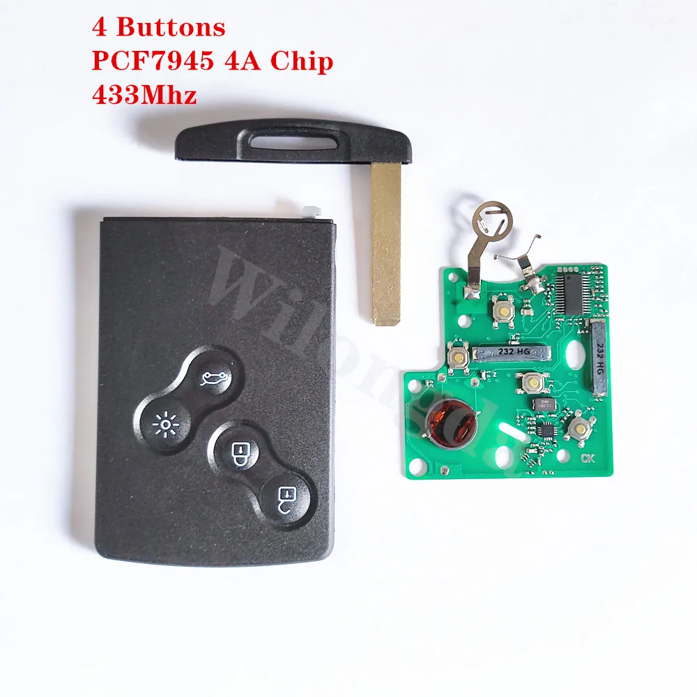 4 button remote key card keyless smart key 433mhz 4A PCF7945 chip 7945 for renault CLIO4 CAPTUR with sticker