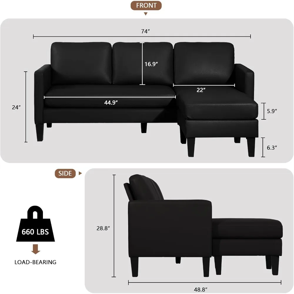 أريكة جلدية حديثة قابلة للتحويل على شكل حرف L للمساحات الصغيرة، وأثاث غرفة المعيشة، ومجموعة أريكة وحدات مريحة