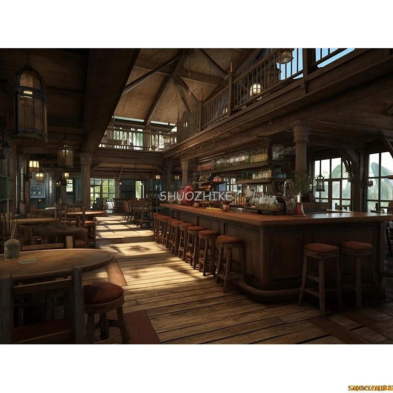 Antique library Old Tavern Barista Coffee Shop Bar Photography Backdrop Warm Medieval Inn Fantasy Photo Studio Background JG-03