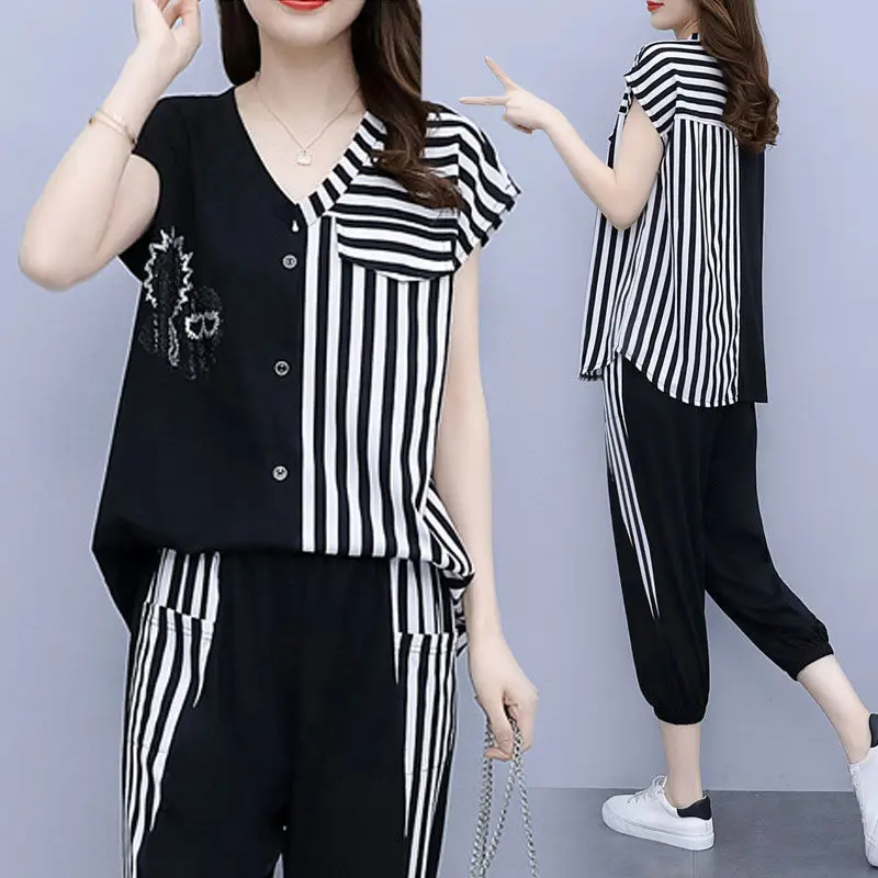 

Fashion Striped Suit 2022 New Summer Plus Size Women Loose Two Piece Women