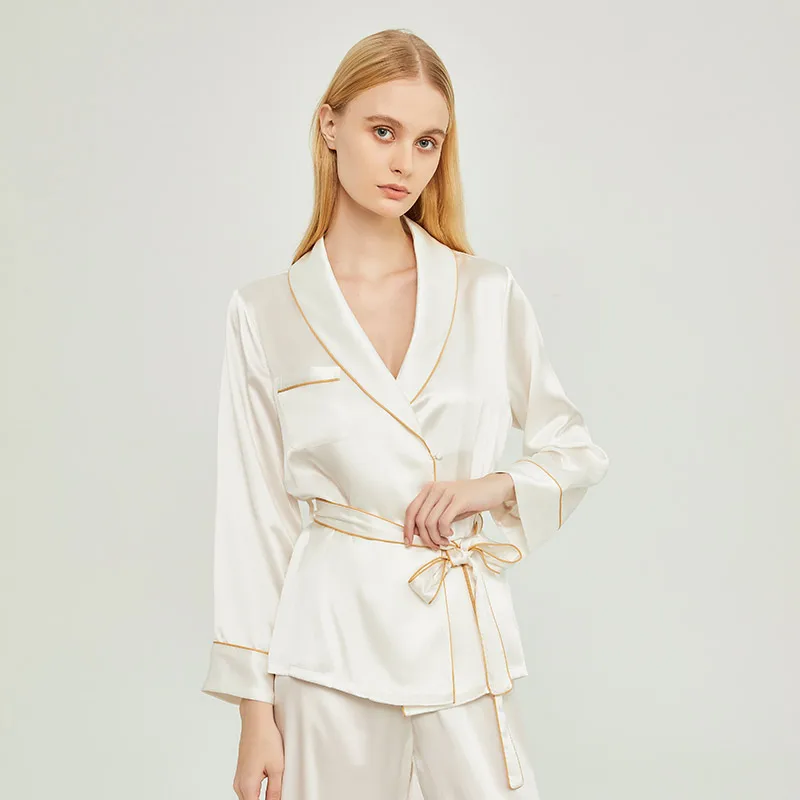 

19MM 100% Mulberry Silk Kimono Pajamas Set Spring Autumn Long Sleeves Lace Up Pyjamas Women Elegant Kimono and Trousers Homewear