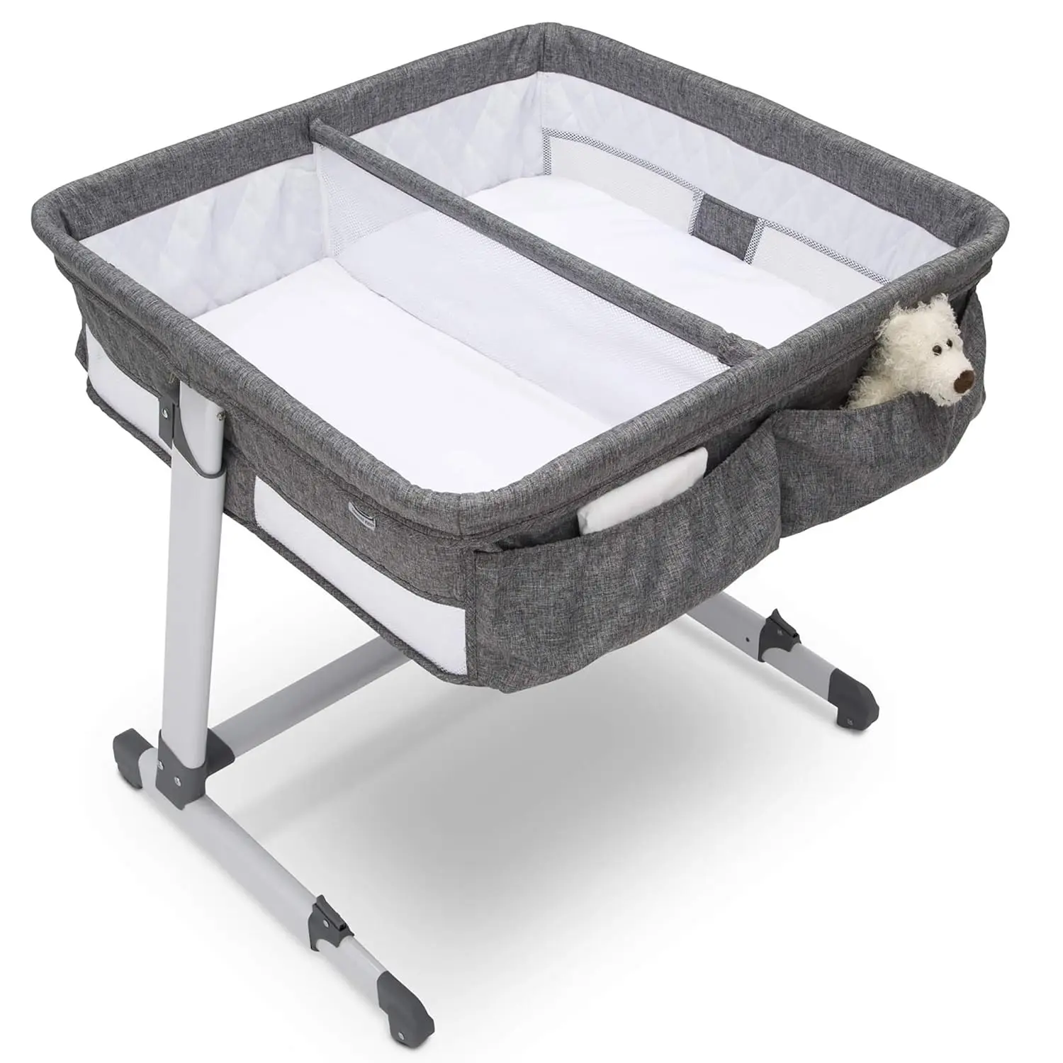 Kids By The Bed City Sleeper Bassinet for Twins - Adjustable Height Portable Crib with Wheels & Airflow Mesh, Grey Tweed