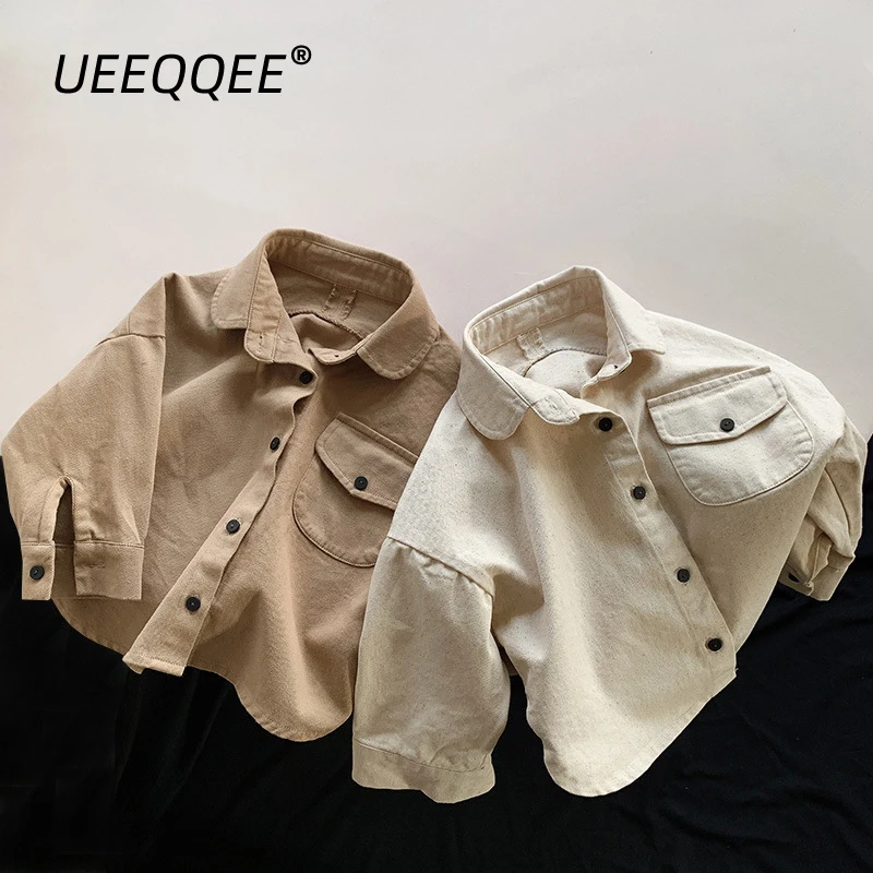 Spring Autumn Children Shirts 1-8Y Boys Cotton Pocket Solid Daily Casual Long Sleeve Tops Kids Wear Toddler Clothing 2024 New