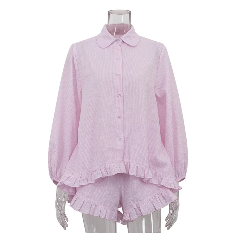Tornova Fashion Striped Suit For Women Laple Puff Sleeve Ruffled Shirt Loose Casual Shorts Two Piece Set Summer Fashion Outfits - Image 6