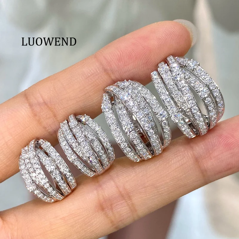 LUOWEND 100% 18K White Gold Earrings Large Size Luxury Design Real Natural Diamond Hoop Earrings for Women High Party Jewelry