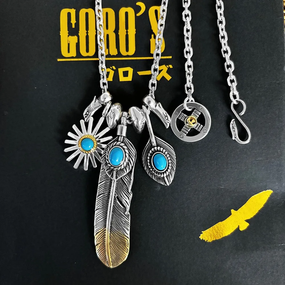 

Takahashi Goro's Goro Turquoise Feather Necklace with Leaf Sun Charm - Japanese Style Couple's Versatile Accessory