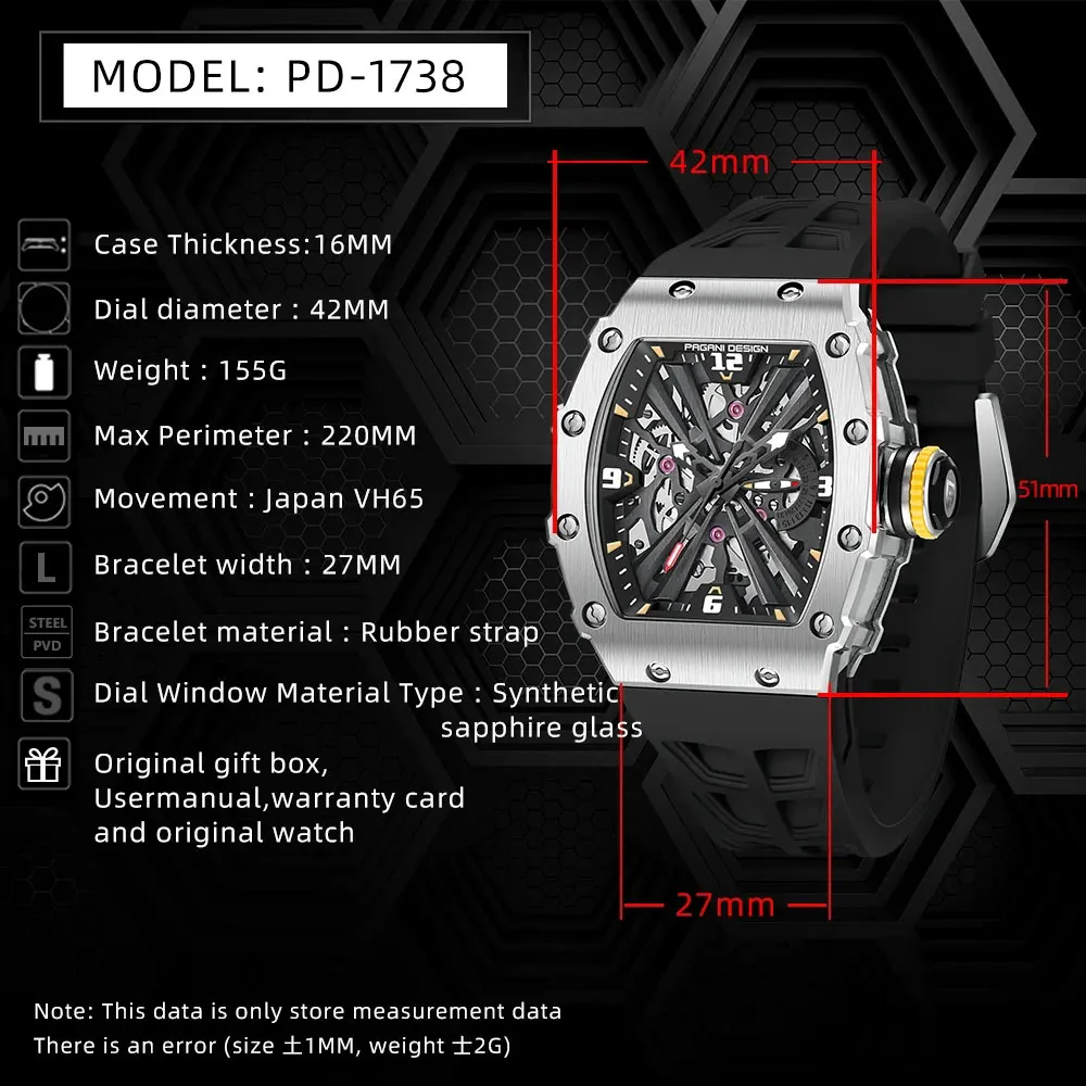 PAGANI DESIGN Top Brand Men Watch VH65 Quartz Watch Sapphire Glass Hollow Waterproof Automatic Date Night Light Watches Men Gift view 6