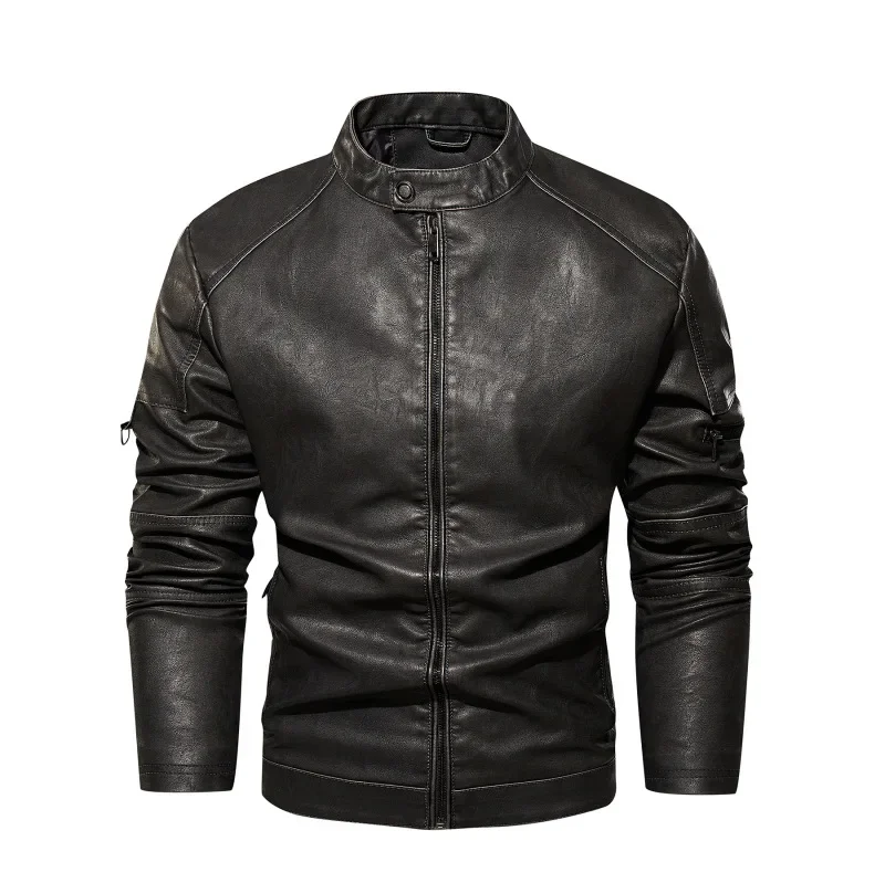 

Stand Collar Leather Jacket Men's Vintage Washable Leather Jacket Men's Faux Leather Bomber Jacket Casual Men Slim Clothing