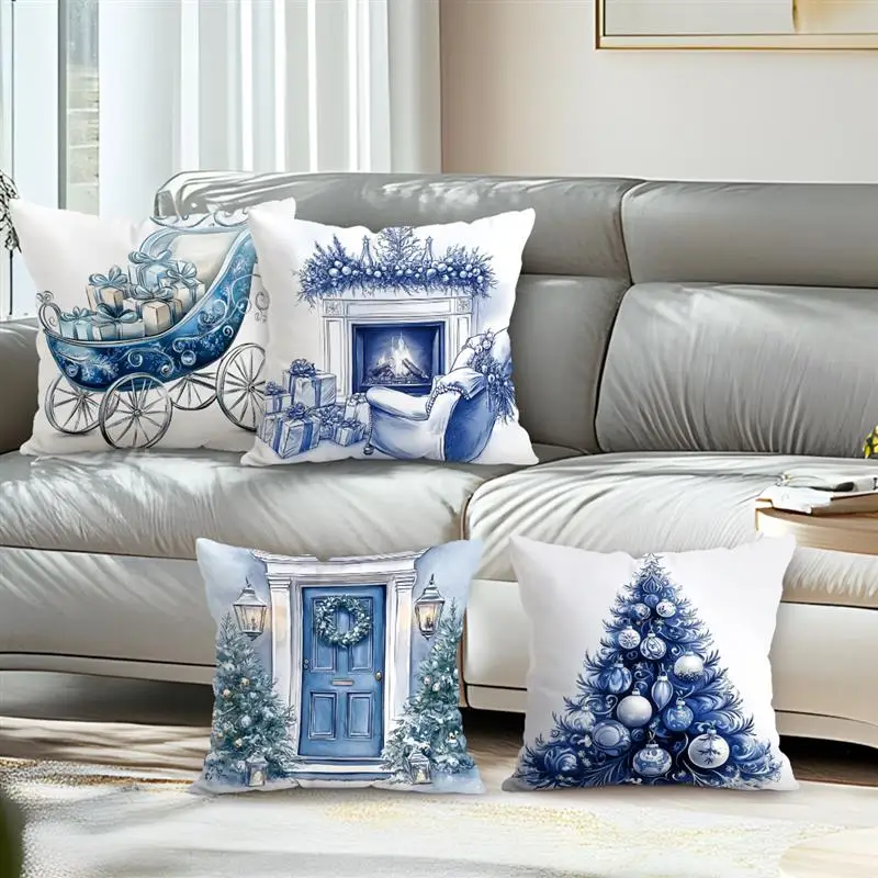 Blue Christmas Decor Cushion Pillowcase Printed Polyester 45x45cm Throw Pillowcover Decorative Sofa Cushion Pillowslip Decor