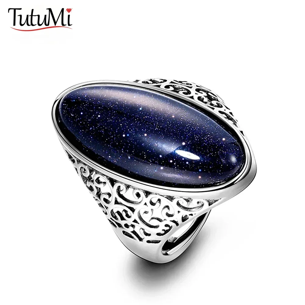 Damski pierścionek S925 Silver Blue Sandstone Vintage Turquoise Hollow Out Elegancki prezent z drobnej biżuterii