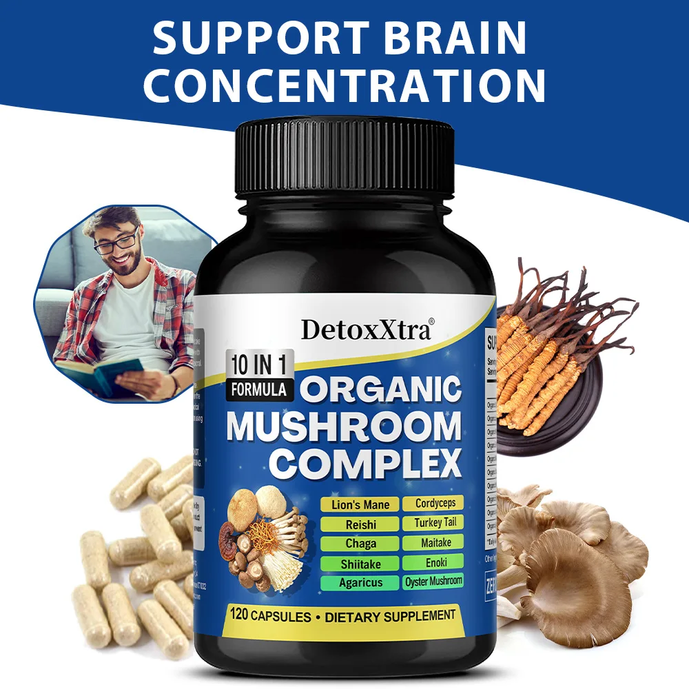 

Organic Mushroom Complex Capsules - Cordyceps, Lion's Mane, Reishi, Support Brain Focus, Memory, Mood, Energy & Immune Wellness