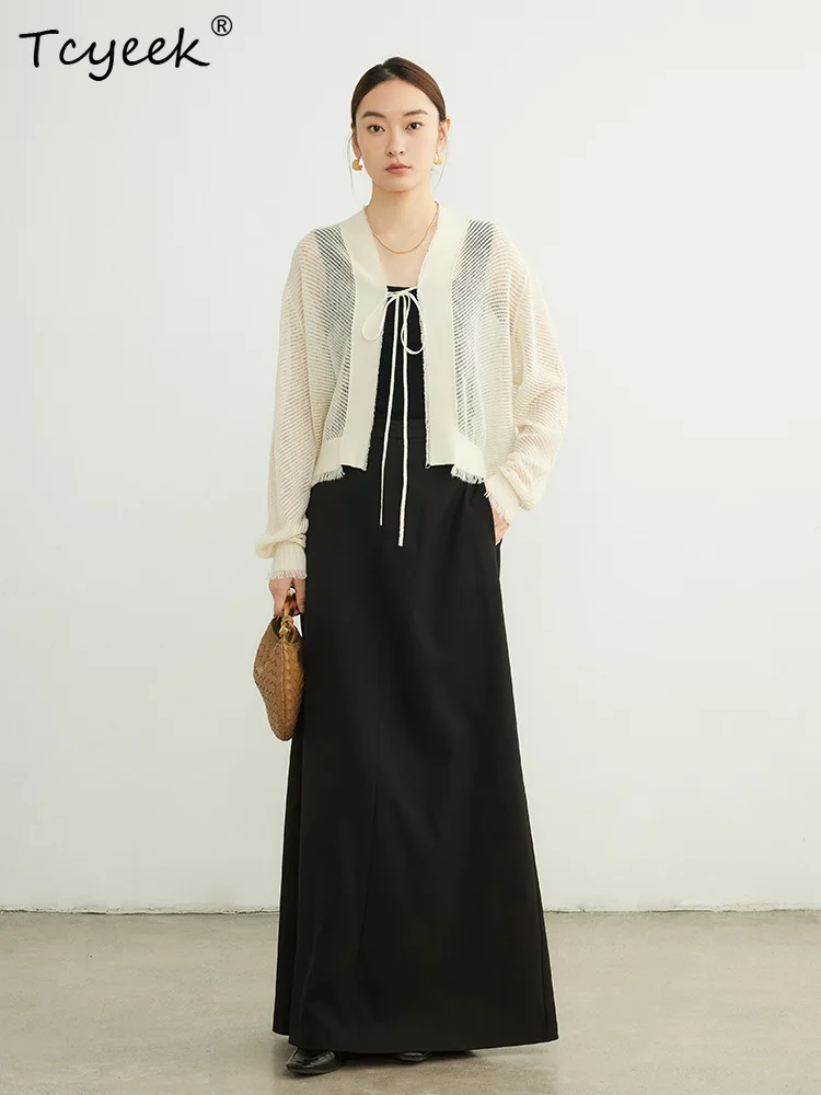 Tcyeek, 32.4% ขนสัตว์Elegantครึ่งแขนเสื้อสเวตเตอร์ถัก,ผู้หญิงLace-Up Hollow Out,แฟชั่นเสื้อลําลอง,ฤดูใบไม้ร่วงฤดูหนาวC47853QM