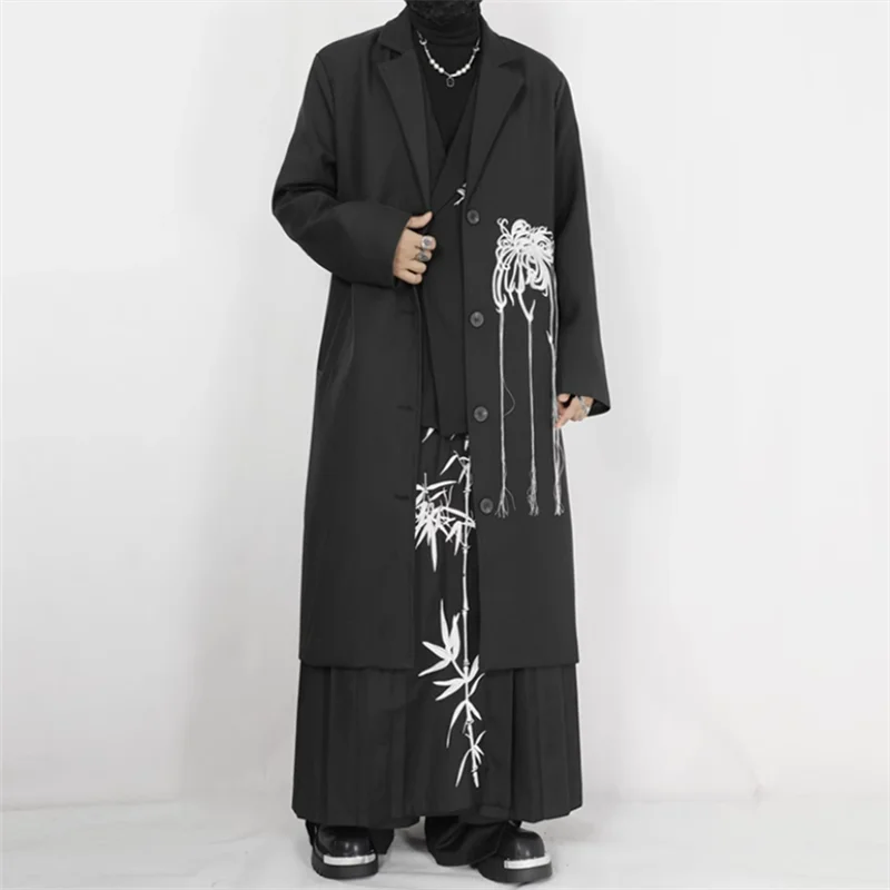 2024 Original men's new trench coat niche design color contrast embroidery long over knee trench coat men's coat