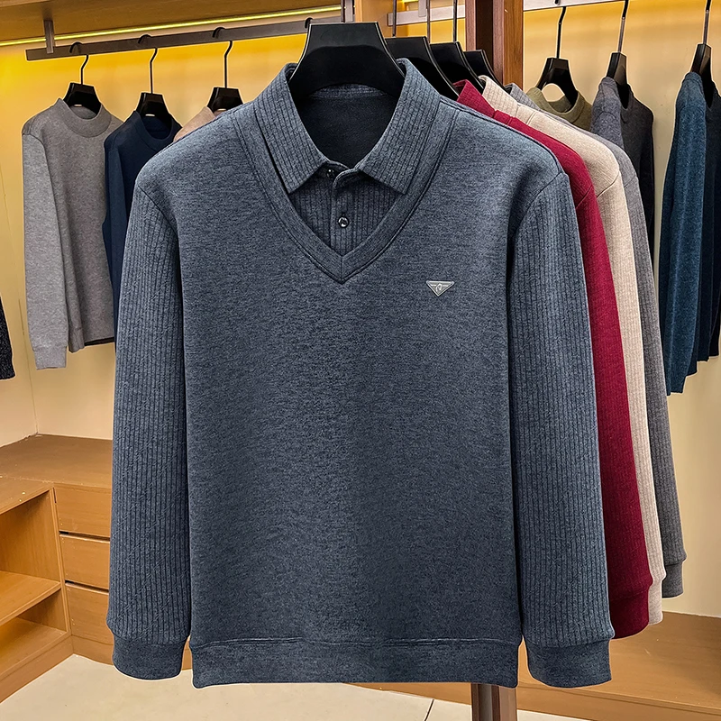 High Quality Men's False Two-Piece Polo Shirt Autumn New Solid Color Print Long Sleeved Lapel T-shirt Business Casual Men's Wear