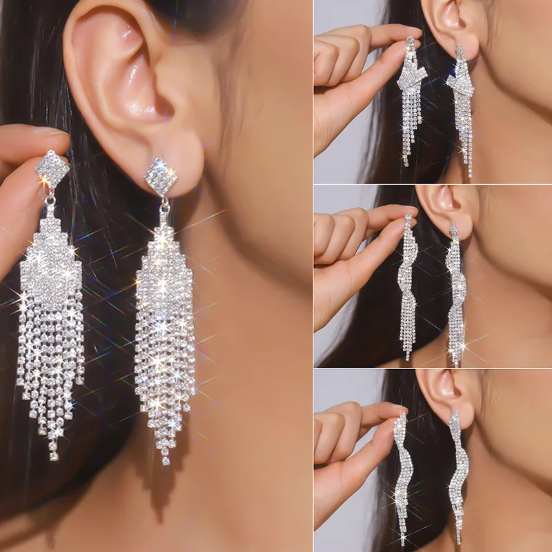 FYUAN Fashion Long Tassel Crystal Drop Earrings dla kobiet Silver Color Rhinestone Dangle Earring Biżuteria ślubna i imprezowa