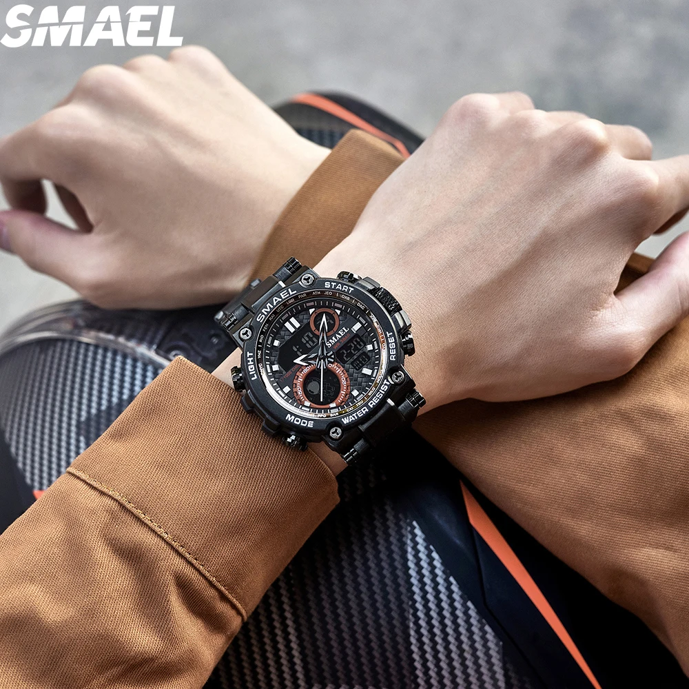 SMAEL 8095 Brand 304 Stainless Steel Band Fashion Sport Quartz Electronic Watch Alarm Clocks Dual Time Watches