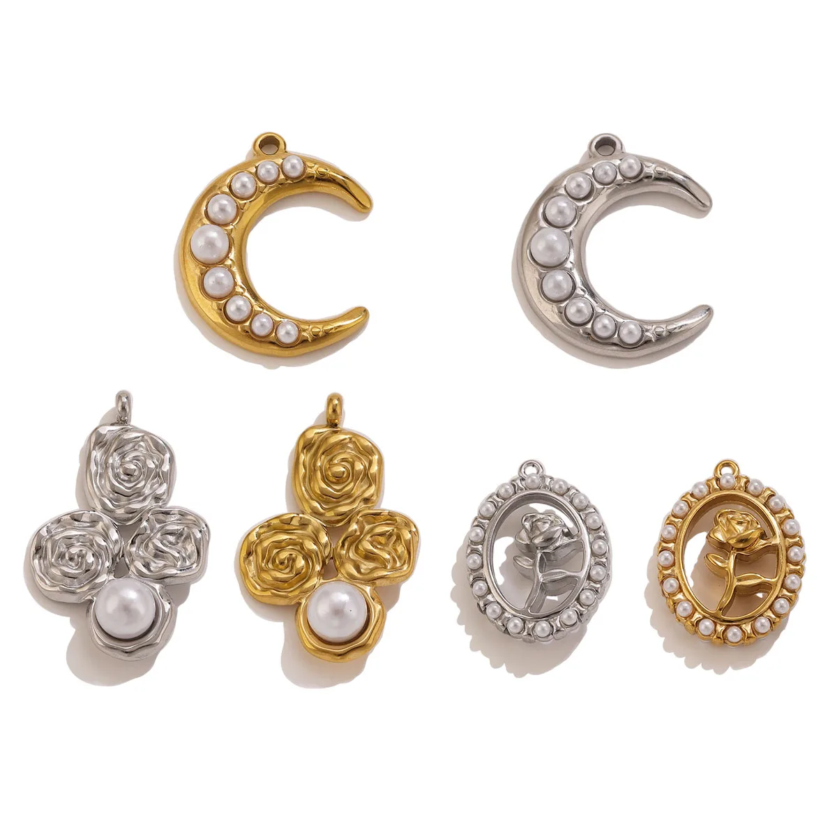 5 piezas de acero inoxidable chapado en oro de 18 quilates con dijes de luna, rosa y perla para hacer collares, pulseras, pendientes y accesorios de joyería DIY.