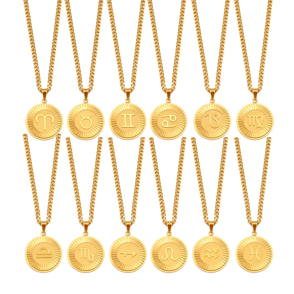 12 كوكبة رموز قلادة دائرية 18K مطلية بالذهب مقاوم للماء أسلوب فاسق جولة الرقبة مجوهرات هدية عيد ميلاد ل As #2