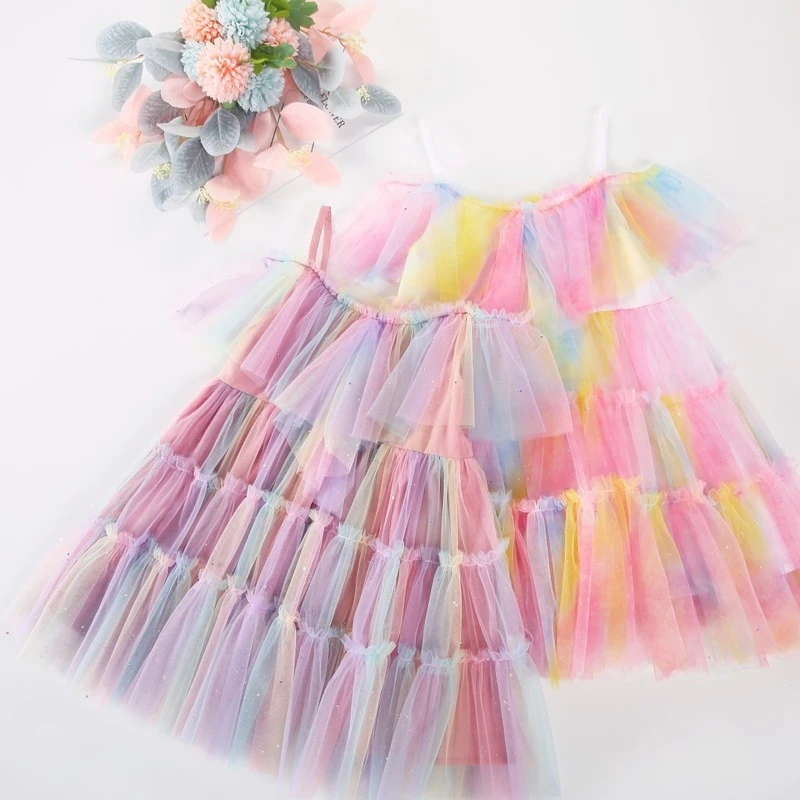 

Baby Clothes Dress For Girls Children Tutu Suspender Clothing Infant Rainbow Ruffle Mesh Dresses Girls Princess Outfits CL884