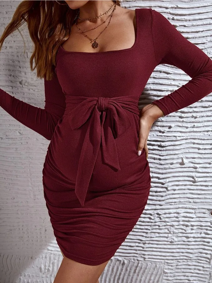 Pregnant Maternity Elegant Square Neck Bowtie Front Ruched Dress Women's Mature Bodycon Dress For Party Casual Clothes Pregnancy