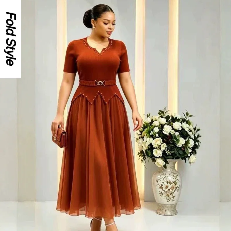 

Miyake Pleated Dress V-neck Short-sleeved Design Sense Temperament Fake Two Pieces Fashion Temperament Solid Color Dress