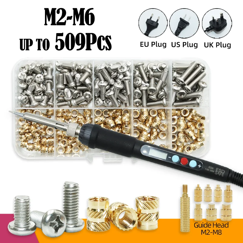 Heat Set Insert Soldering Iron Tip M2 M3 M4 Machine Screw and Brass Insets Nut Computer Bolt Thread Insertion Kit 3d Prints Tool