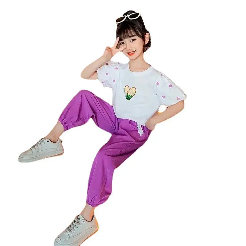 2023 Summer Girls tracksuit Kids Clothes Teenager puff sleeve t shirt Tops + long Ankle-tie pants Casual 6 7 8 10 11 12 Years