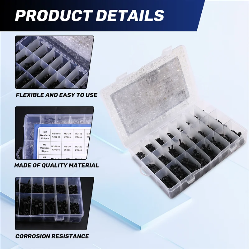 

A93E-Complete 1080 шт. M2 M3 Винты с шестигранной головкой, болты, гайки и шайбы в ассортименте для оборудования