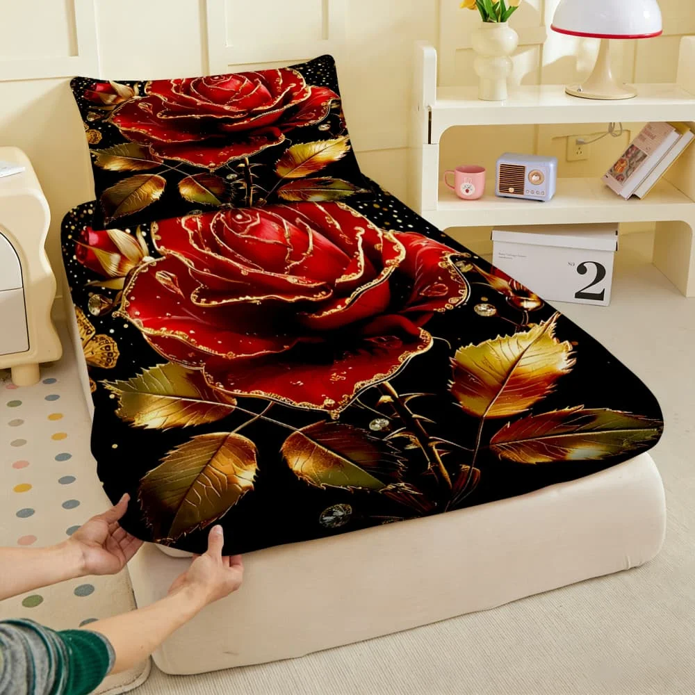 1pc Red Rose with Gold Leaf Print Fitted Sheet Deep Pocket Elastic Mattress Cover Single Double Queen King Bedroom Decor