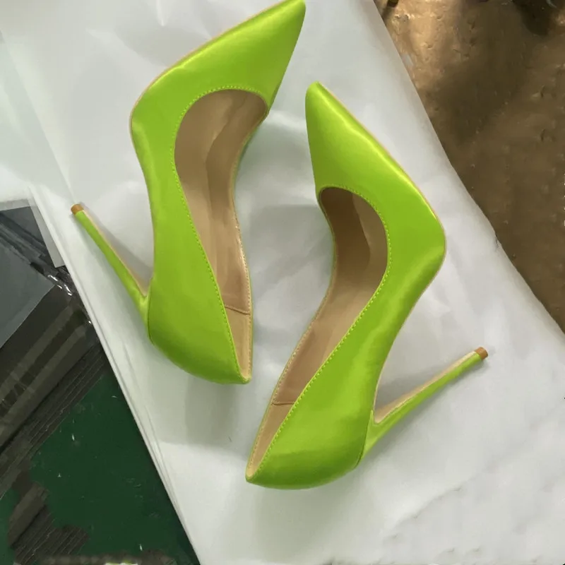 حذاء Tikicup نسائي جديد من الساتان الأخضر النيون بمقدمة مدببة وكعب عالٍ، حذاء بكعب ستيليتو لامع أنيق، حذاء رسمي جذاب للحفلات