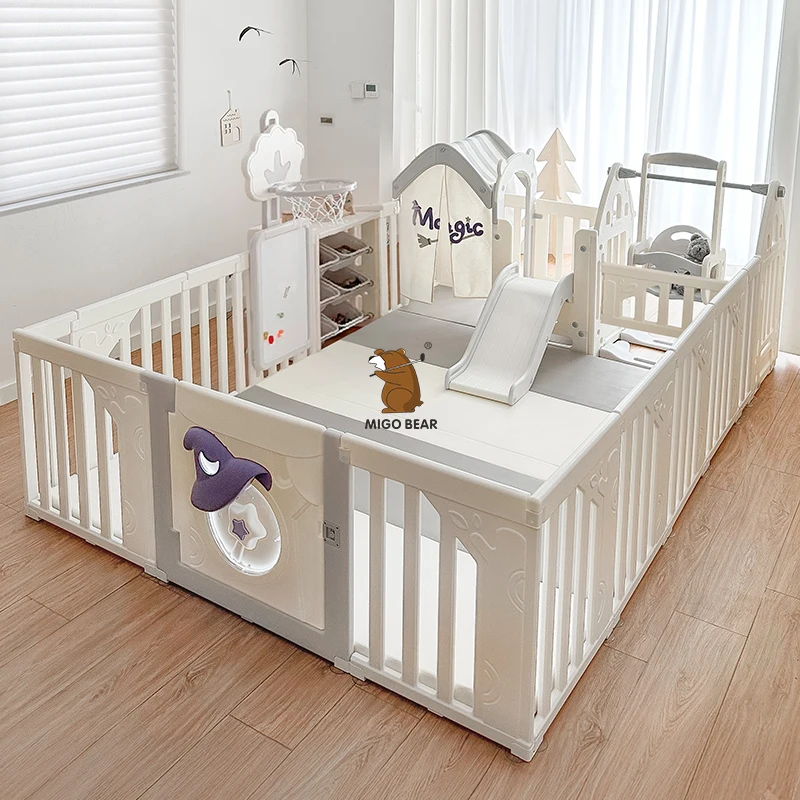Baby Plastic Magic Forest Playpen Slide Swing Basketball Hoop Easel Storage & Rocking Horse Game House Kids Fence