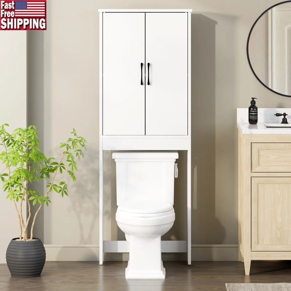 

Over-the-Toilet Storage Cabinet Modern Space Saver Wooden Organizer with Double Doors and Shelves Bathroom Essentials