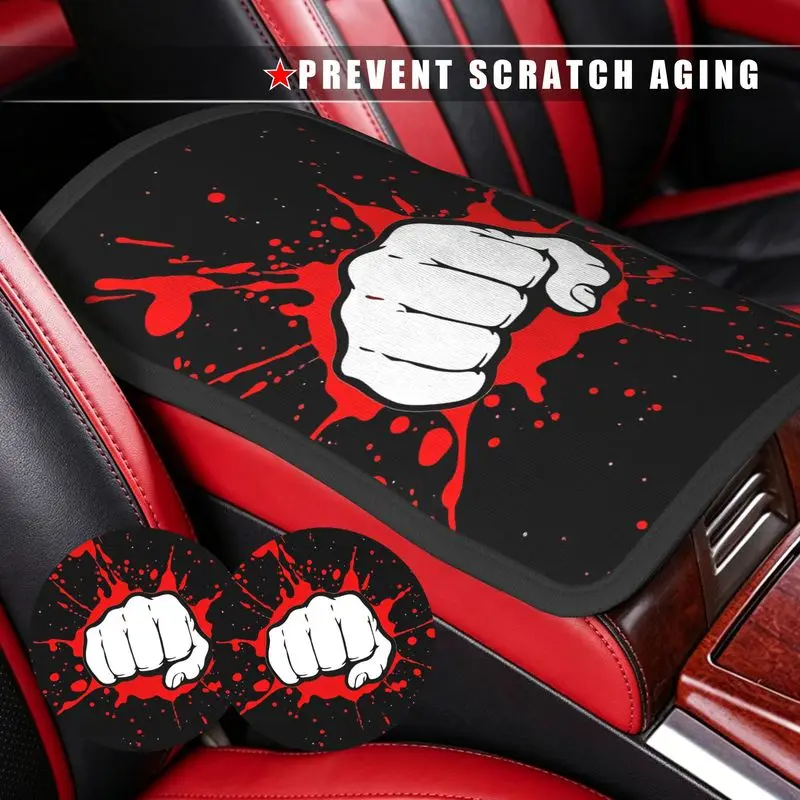 1Pc Car Armrest Cover + 2Pcs Cup Coasters With Fist Red Splatter Print, Car Interior Accessories
