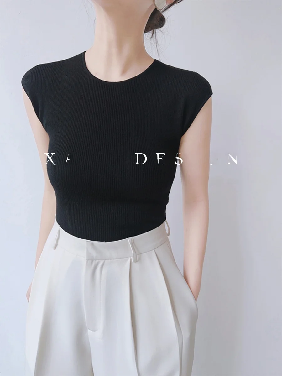 

Удобный трикотажный топ для женщин, приятный для кожи, с круглым вырезом, облегающий, с эффектом утягивания талии, для лета