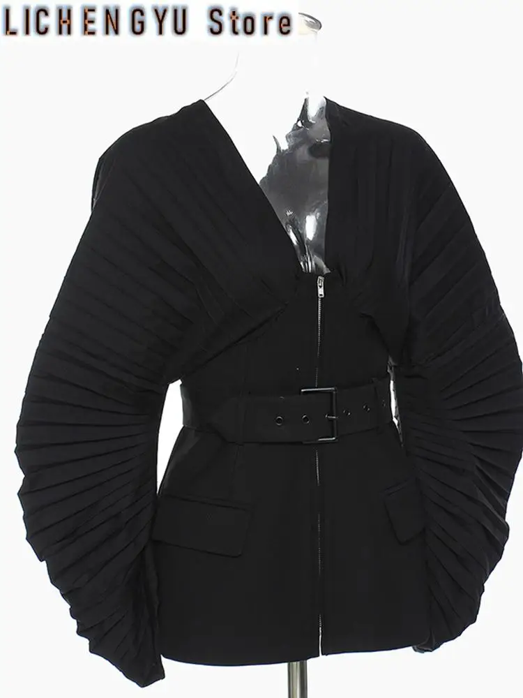 Women Black Pleated Belt Temperament Blazer New V-collarLong Sleeve Loose Fit Jacket Fashion Spring Autumn