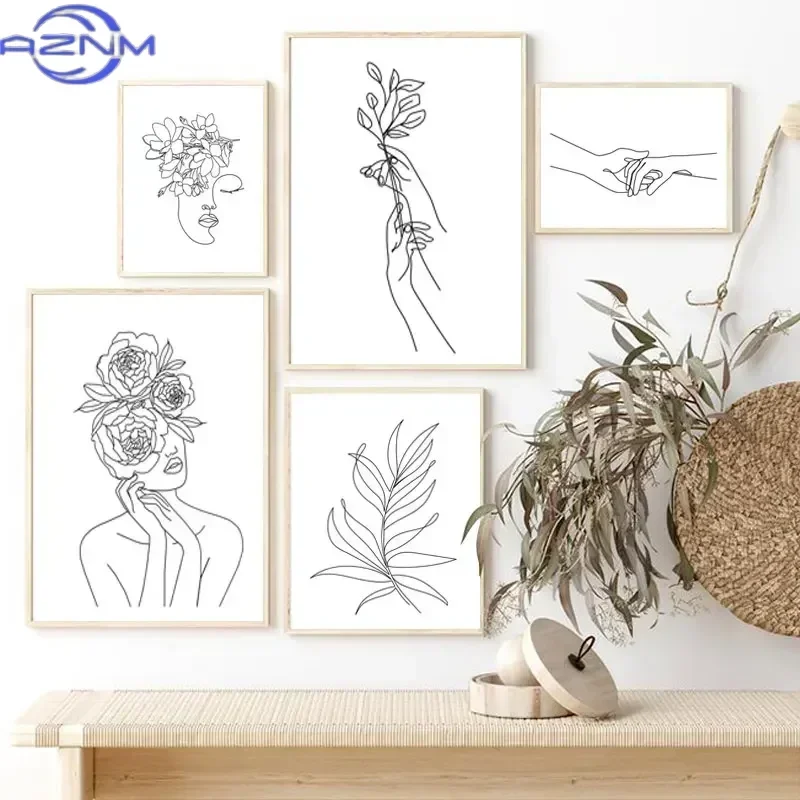 Female Line Art Black And White Prints Gallery Wall Minimalist Canvas Painting Flower Head Wall Art Poster Picture Bedroom De
