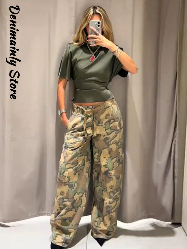 Fashion Women's Printed Jeans Loose High Wais tLace Up Pockets Button Work Pants Female 2026 Autumn Lady Street Vintage Trousers