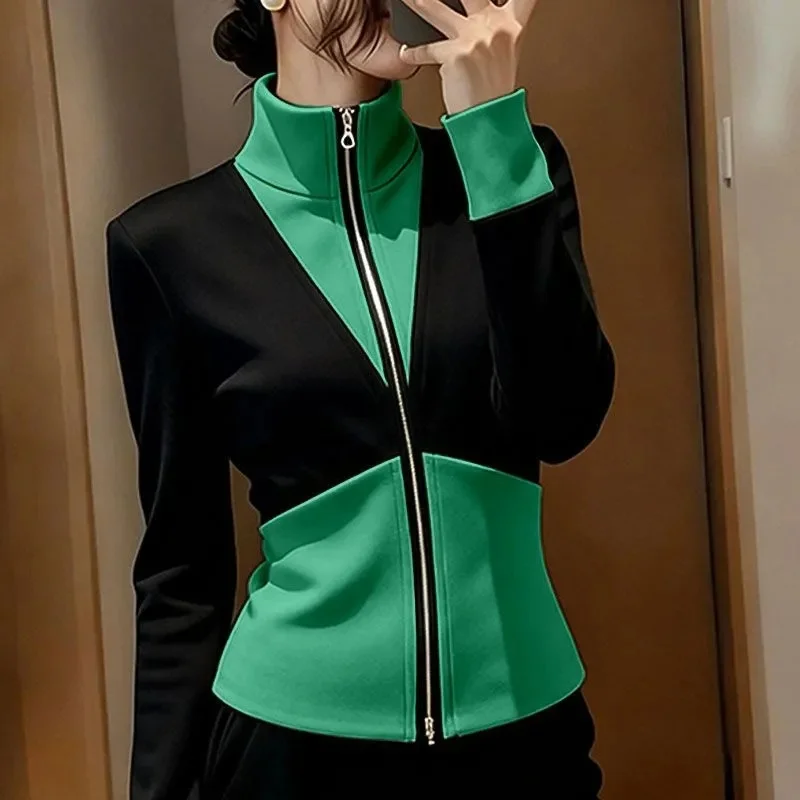 2026 봄 가을 신상 여성 재킷 상의 아름다운 기품 슬림 컬러 대비 캐주얼 후드 스포츠웨어 코트