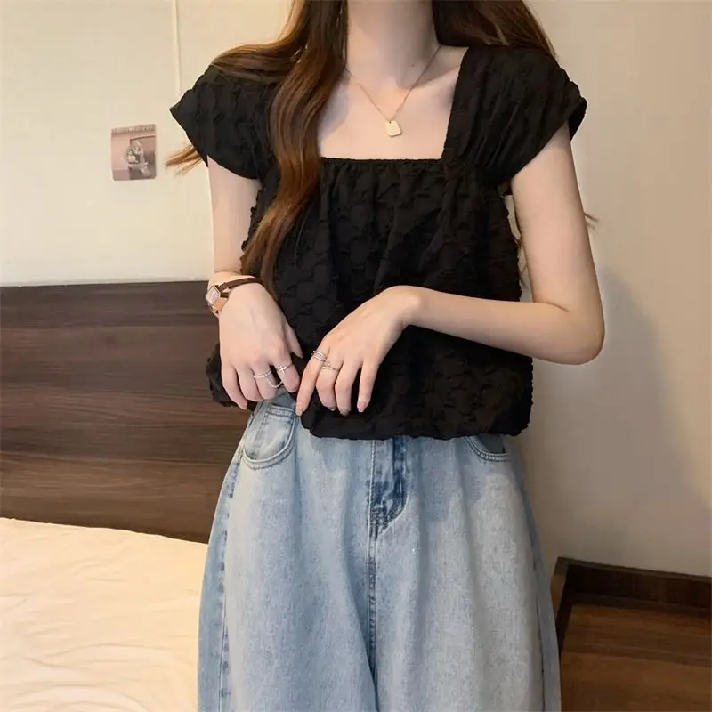 Women\'s Clothing 2023 Casual Korean Summer Thin Cute Sweet Young Style Pleated Solid Square Collar White Black Sleeveless Camis