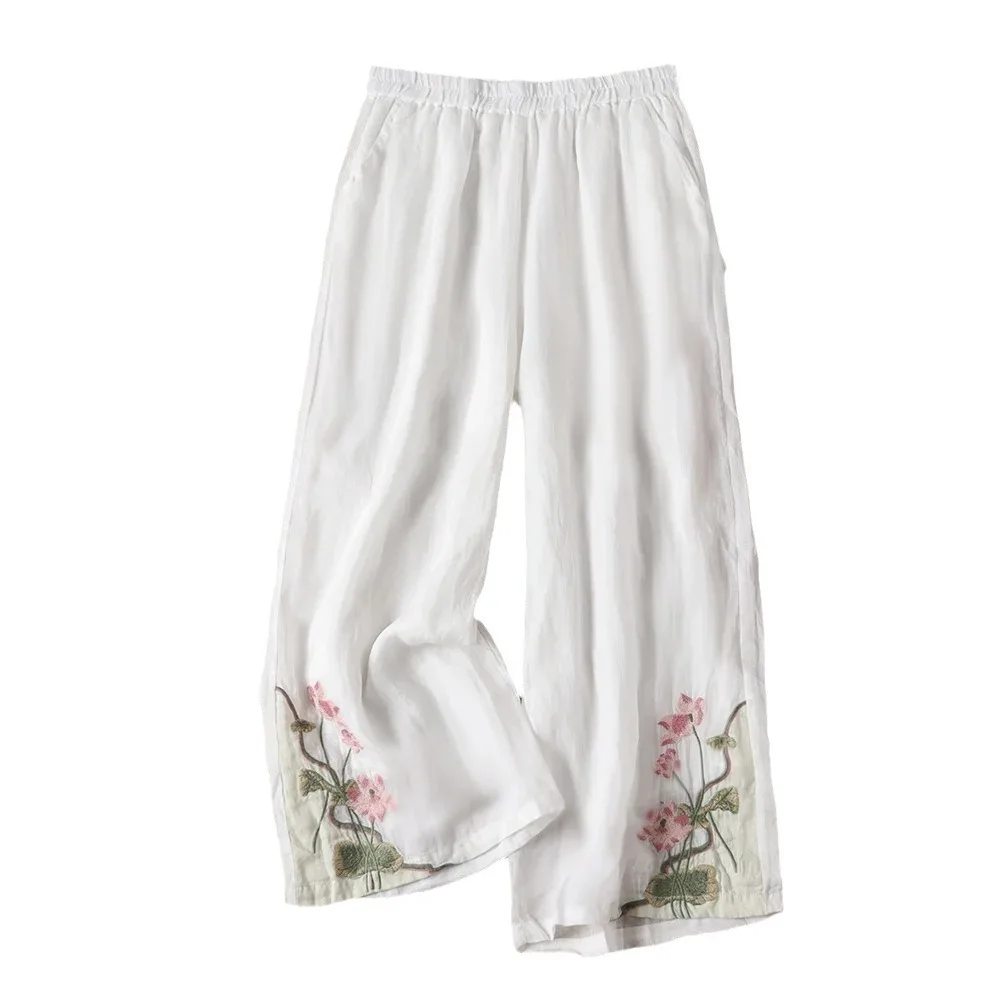 

Thin Chinese Ethnic Style Retro Embroidered Floral Women's Plus Size Comfortable Breathable Wide-leg Pants for Spring and Summer