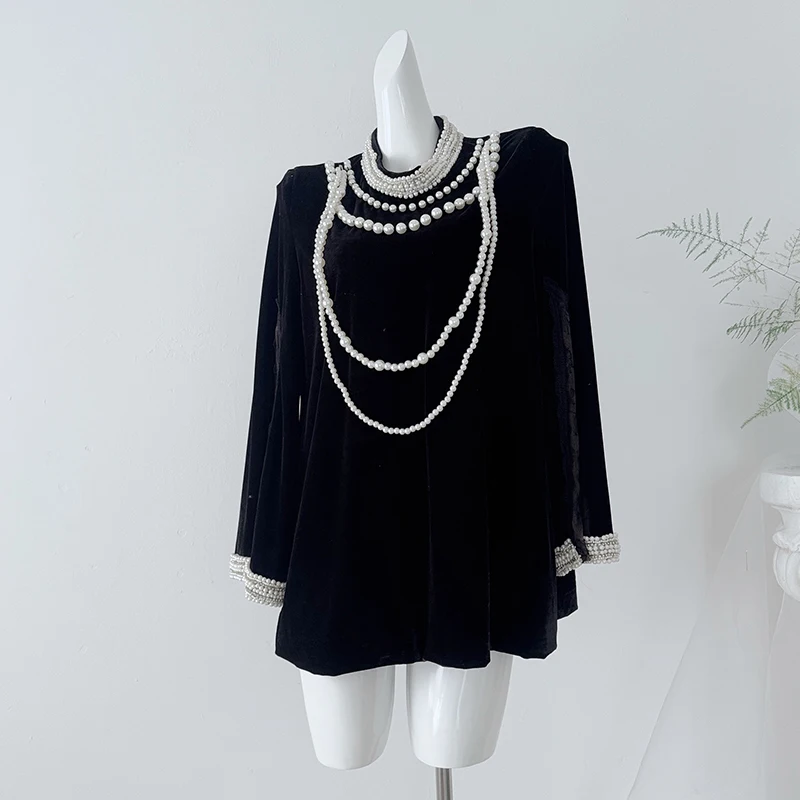 Autumn Winter Velvet Blouse Women with Long Sleeve Pearl Beaded Keyhole Buttons Black Shirts Elegant Lace Patchwork Tops 2026