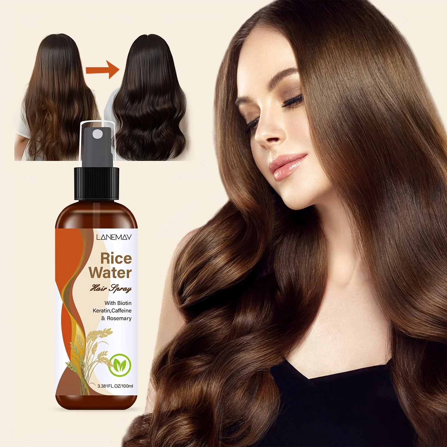 

Спрей для волос с рисовой водой — с биотином, кератином, кофеином и розмарином, разглаживающим волосы и уменьшает спутывание волос, добавляет блеск для всех типов волос