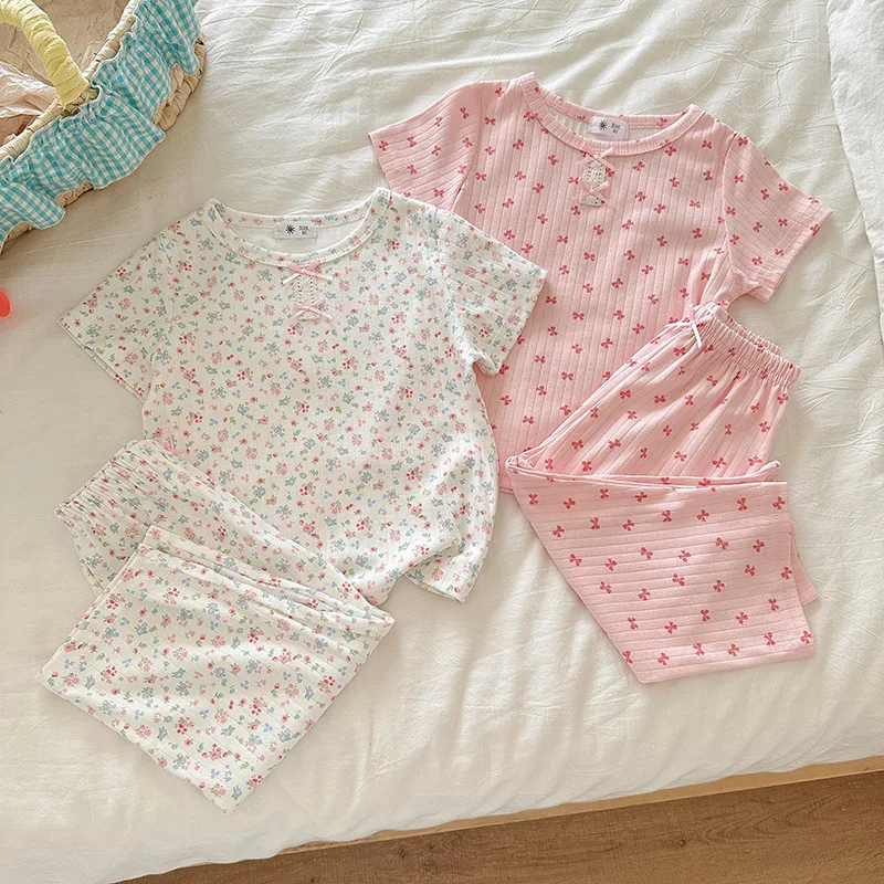 2-8T Summer Flower Girl Pajamas Set Toddler Kid Baby 2pcs Clothes Set Short Sleeve Top Pant Suit Homewear Cotton Two Piece Set