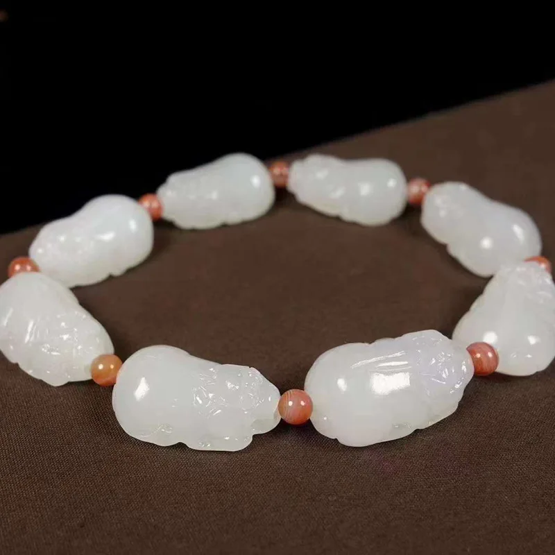 Natural Hetian Qinghai Old Material Pixiu Sheep Fat Grade White Jade Bracelet