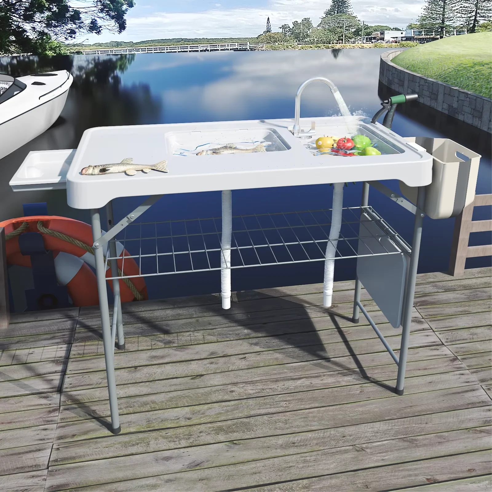 Folding Fish Cleaning Table with Sink, Portable Outdoor Fillet Station with Faucet, Sprayer, Grid Rack & Storage Box,For Fishing, Picnic, Beach & Patio