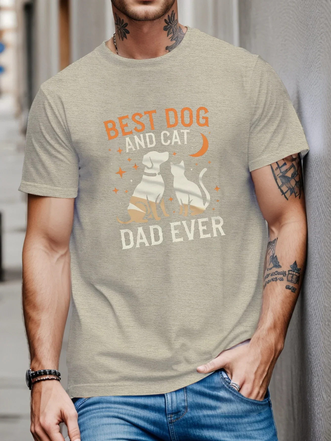 Fashion Men's Best Dog And Cat Dad Ever Graphic T-Shirt Pet Lover Dog Cat Print Short Sleeve Casual Father's Day Gift Tee