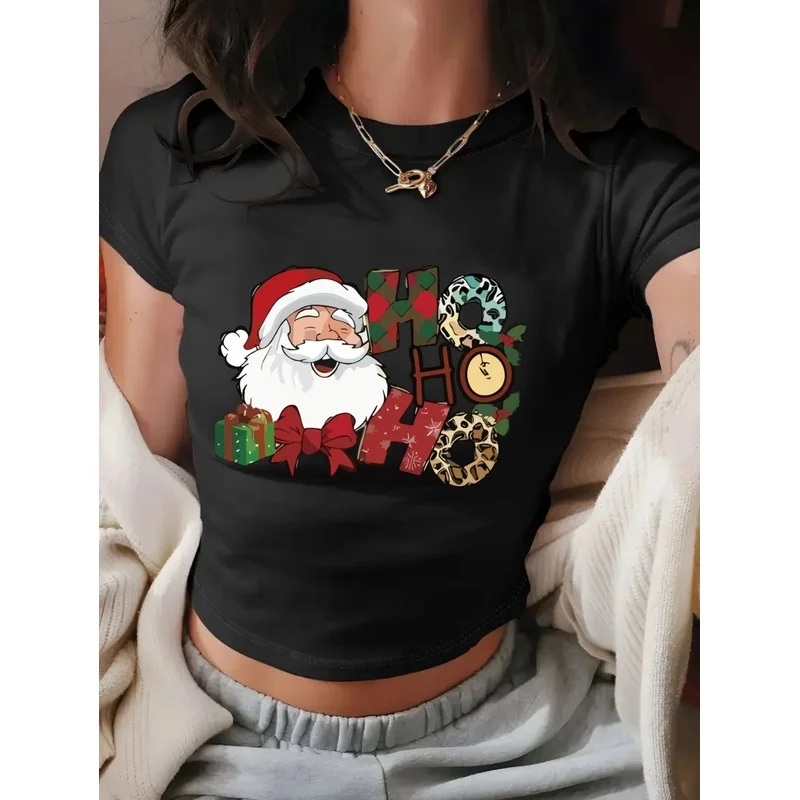 Women Black Christmas Crop Top Santa HO HO HO Print Short Sleeve Slim Y2K Holiday Tee