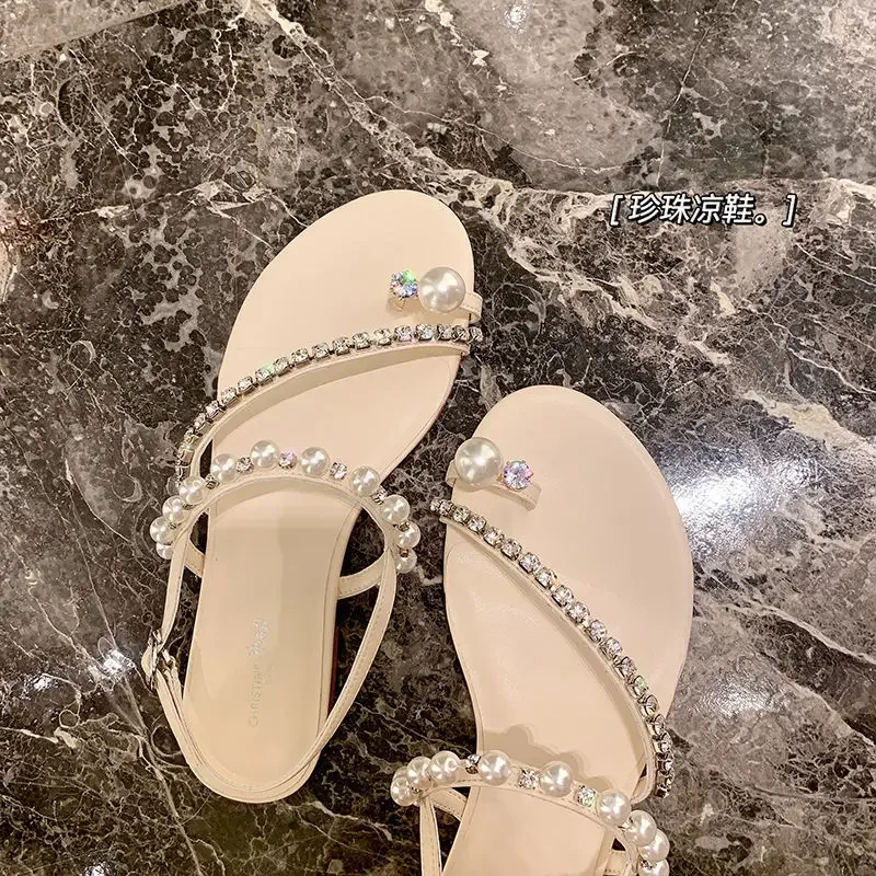 

Strap Sandals Women Fairy Wind Summer New Water Drill Pearl Temperament Clipped Flat Sole Roman Shoes for Women