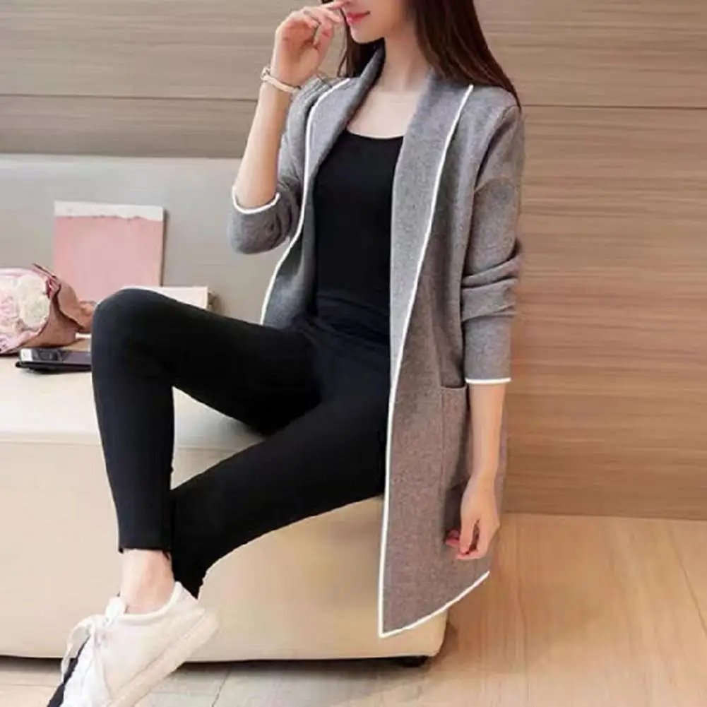 

Women Fall Winter Jacket Open Stitch Cardigan Long Sleeve Mid Length Solid Color Loose Pockets Lapel Lady Warm Coat